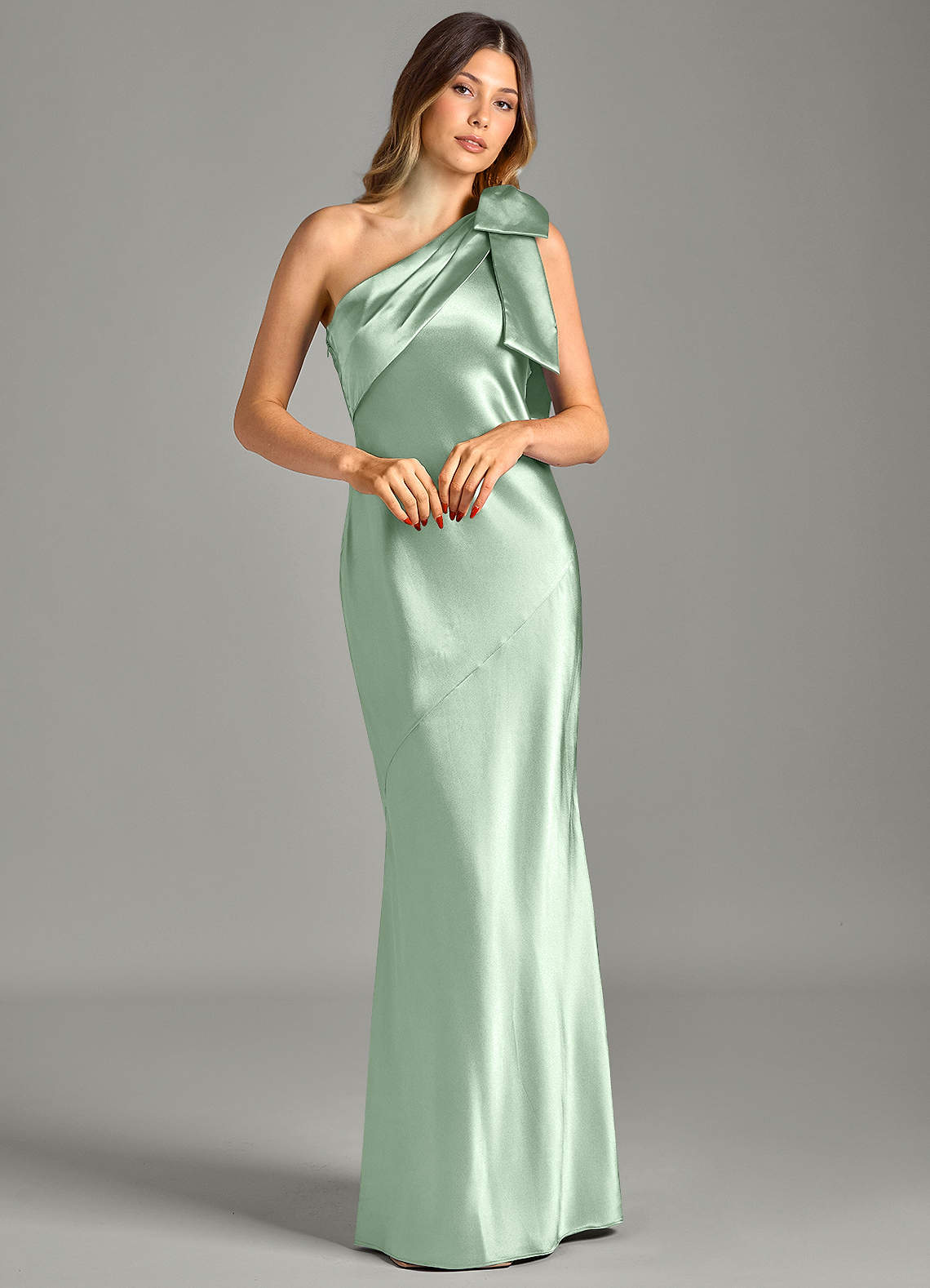 Yuanna Mermaid One-Shoulder Metallic Satin Bridesmaid Dress in Matcha