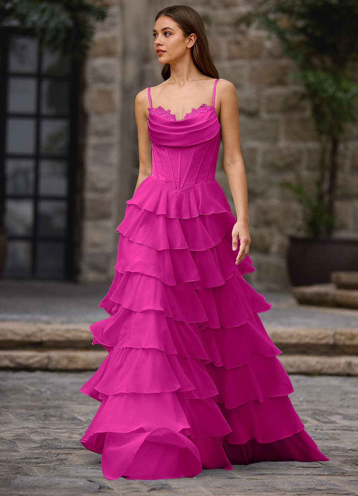 Floralace A-Line Ruffle Chiffon Evening Dress in Vanilla