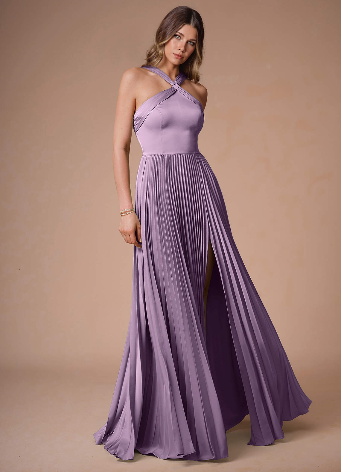 Afra A-Line Pleated Stretch Satin Wedding Guest Dress in Frosted Lilac