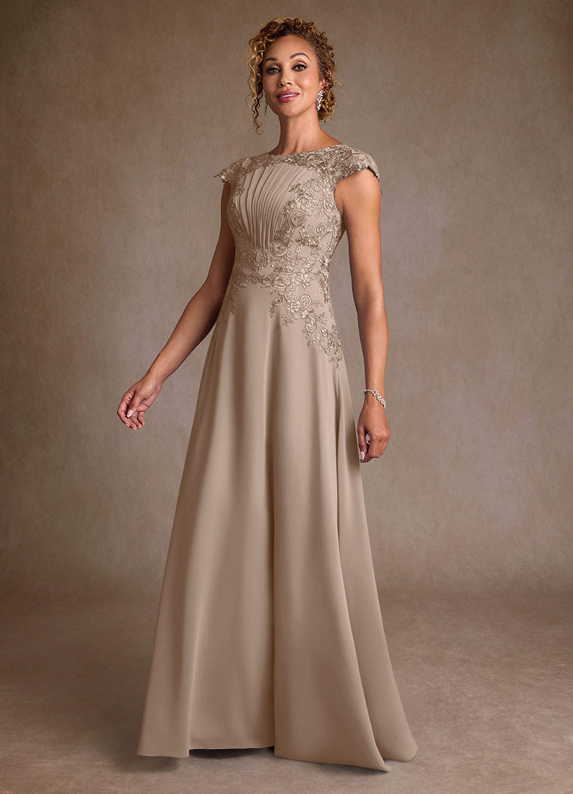 Christi A-Line Scoop-Neck Chiffon and Lace Mother of the Bride Dress in taupe