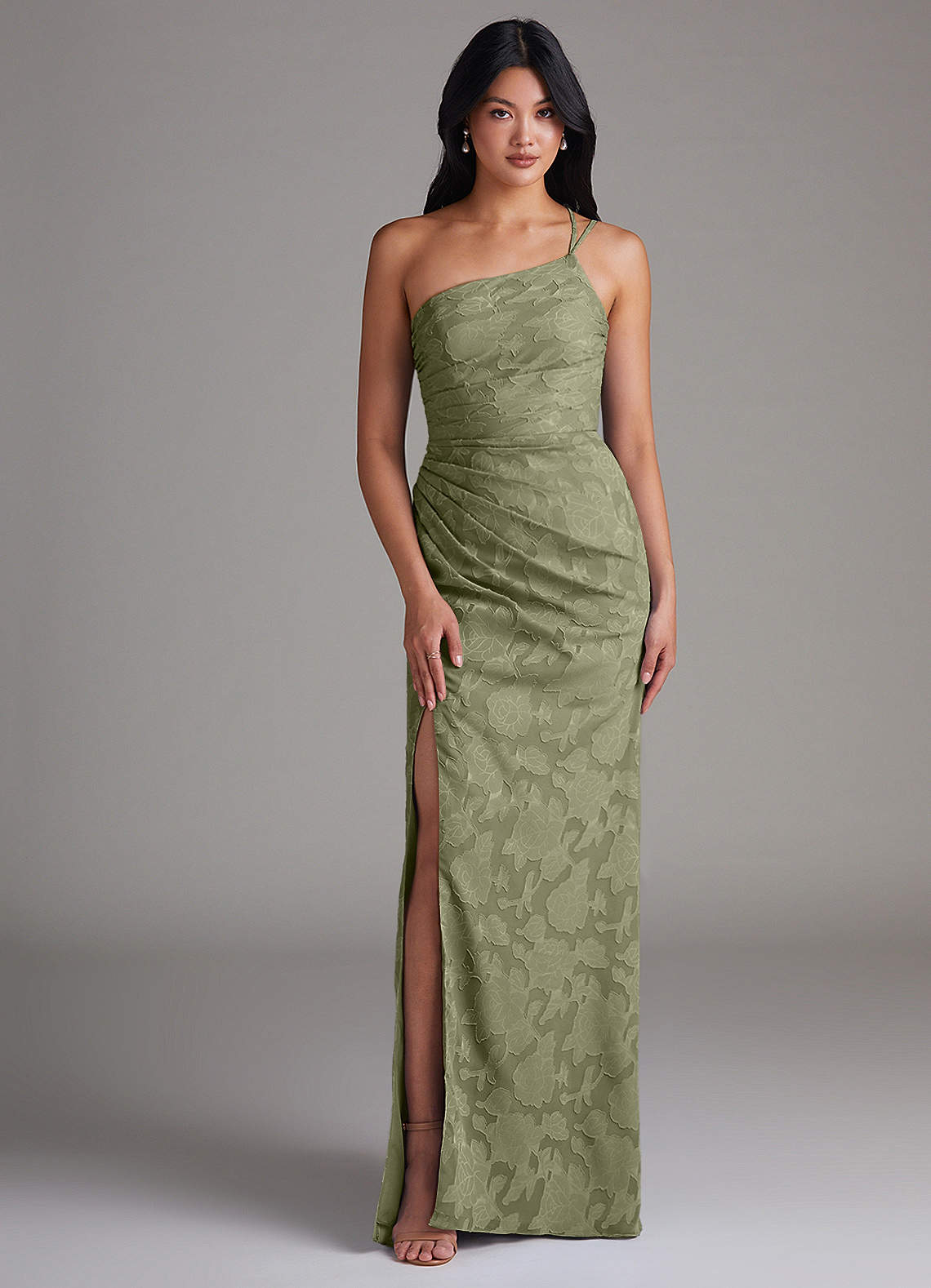 Eren Sheath One-Shoulder Floral Burnout Bridesmaid Dress in Pistachio