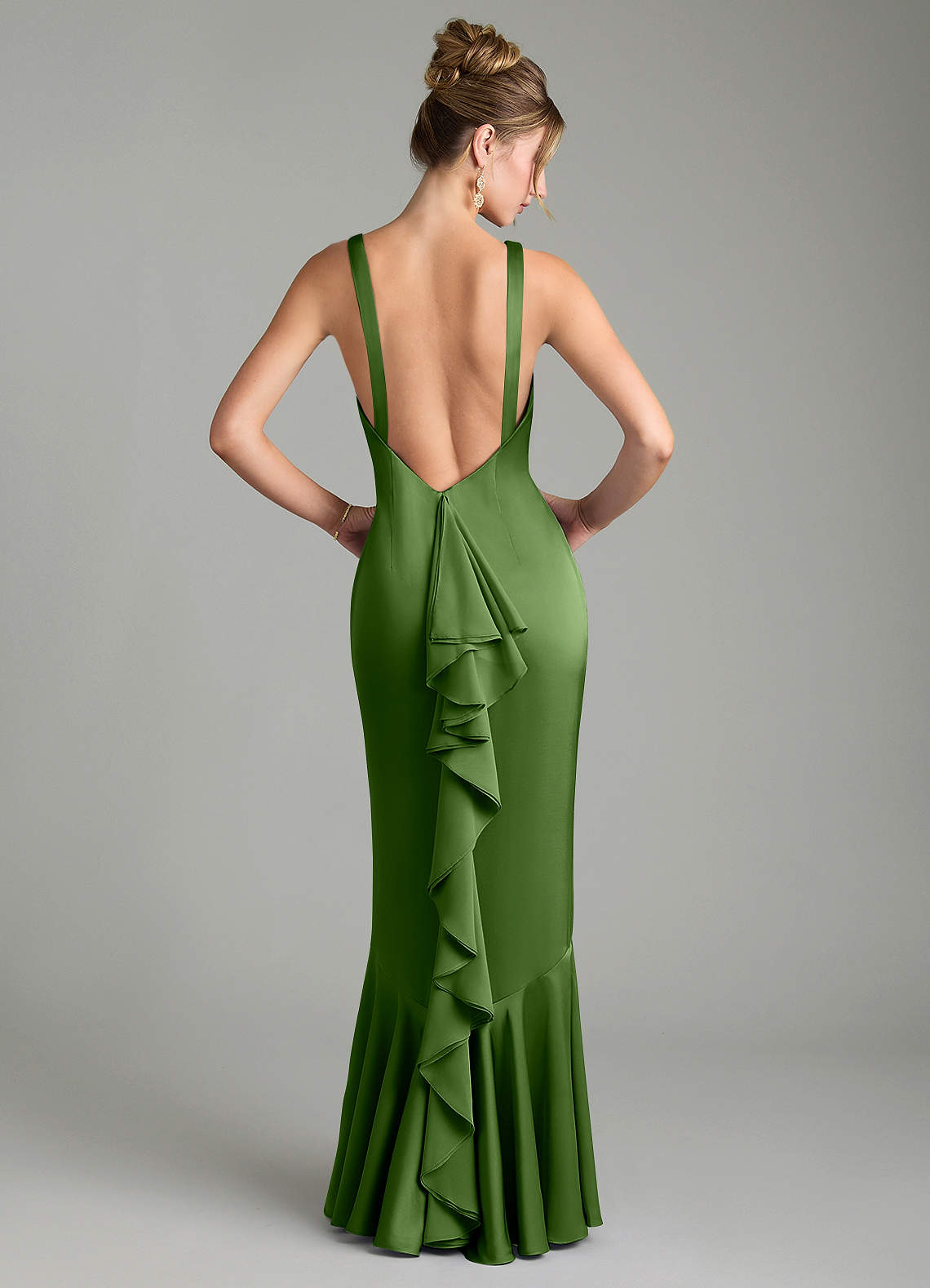 Tamera Mermaid Boat-Neck Stretch Satin and Chiffon Bridesmaid Dress in Basil