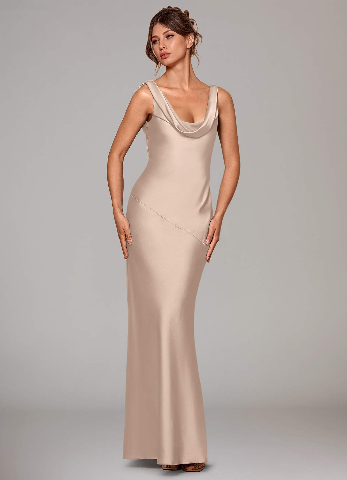 Rylina Mermaid Cowl-Neck Stretch Satin Bridesmaid Dress in English Rose