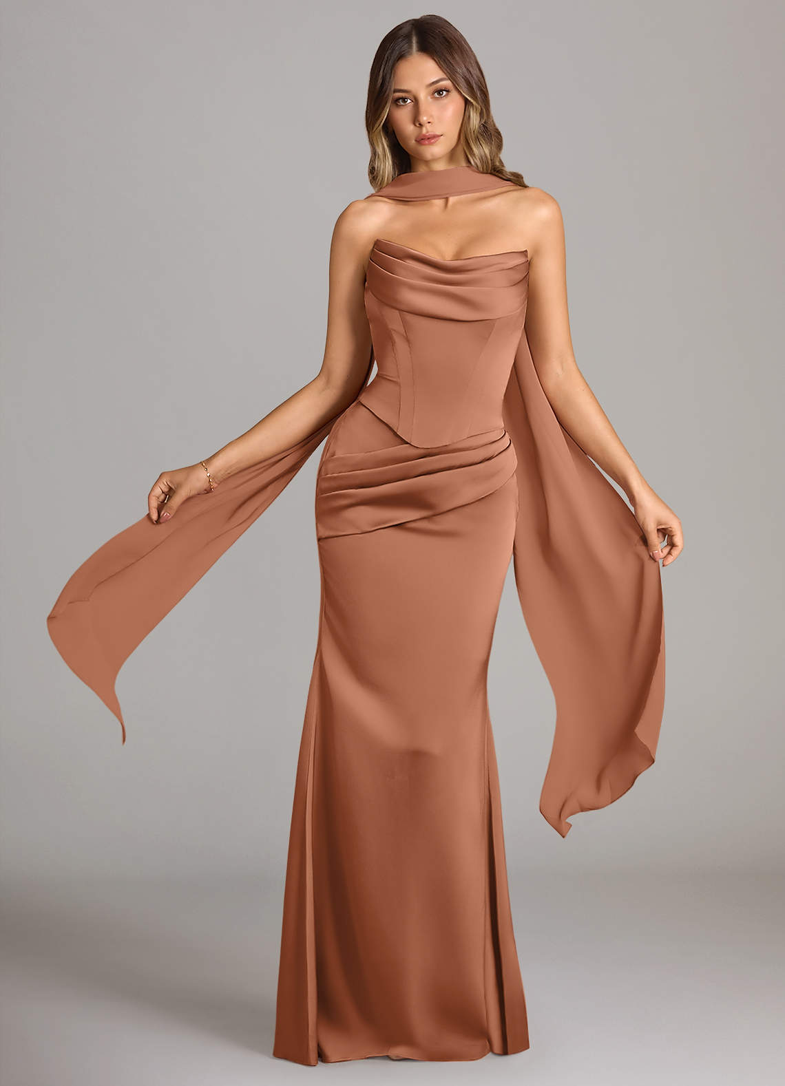 Sorrel Mermaid Cowl-Neck Stretch Satin and Chiffon Bridesmaid Dress in Bronzer