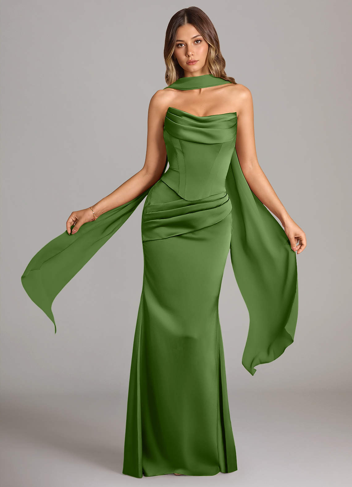 Sorrel Mermaid Cowl-Neck Stretch Satin and Chiffon Bridesmaid Dress in Basil