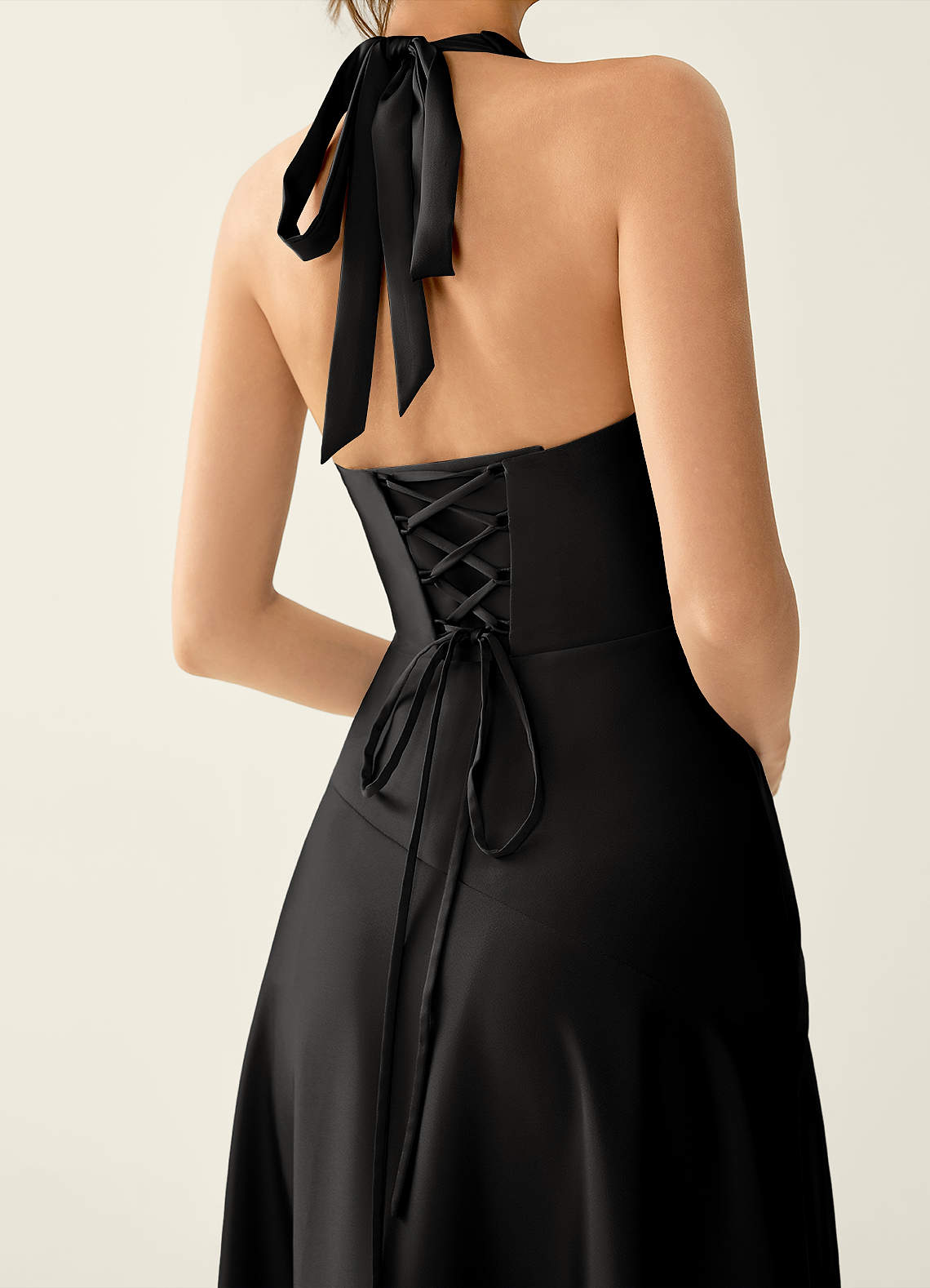 Titania Halter Asymmetric-Ruffle Satin Evening Dress in black
