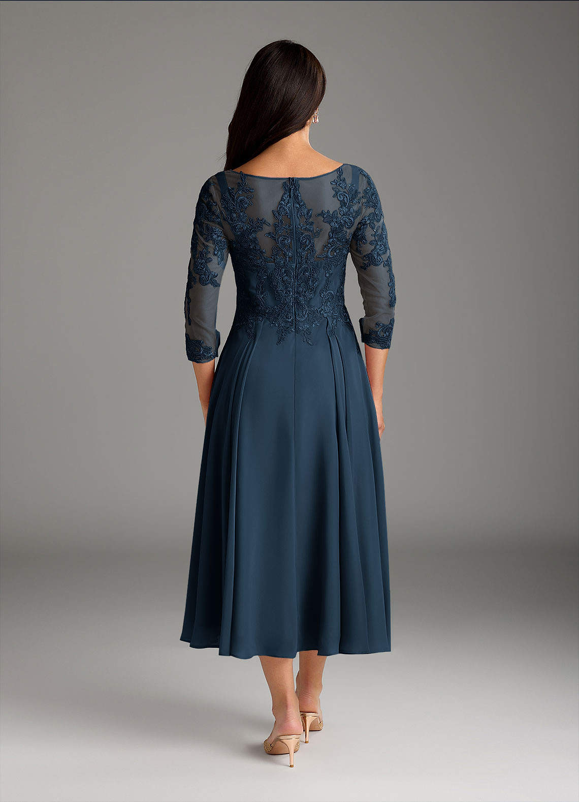 Marge A-Line Scoop-Neck Chiffon and Lace Mother of the Bride Dress in Dark Navy
