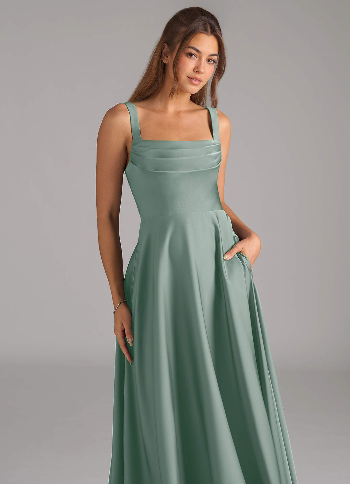 Shaude A-Line Square-Neck Stretch Satin Bridesmaid Dress in Silver Sage