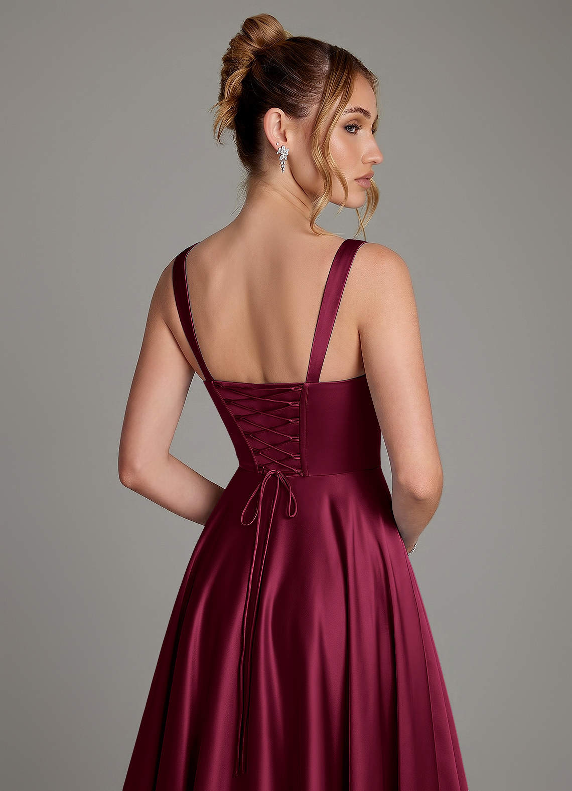 Azaria A-Line Square-Neck Stretch Satin Bridesmaid Dress in Burgundy