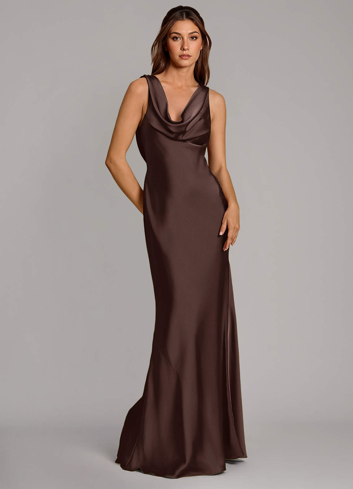 Cheryl Mermaid Cowl-Neck Stretch Satin Bridesmaid Dress in Ganache