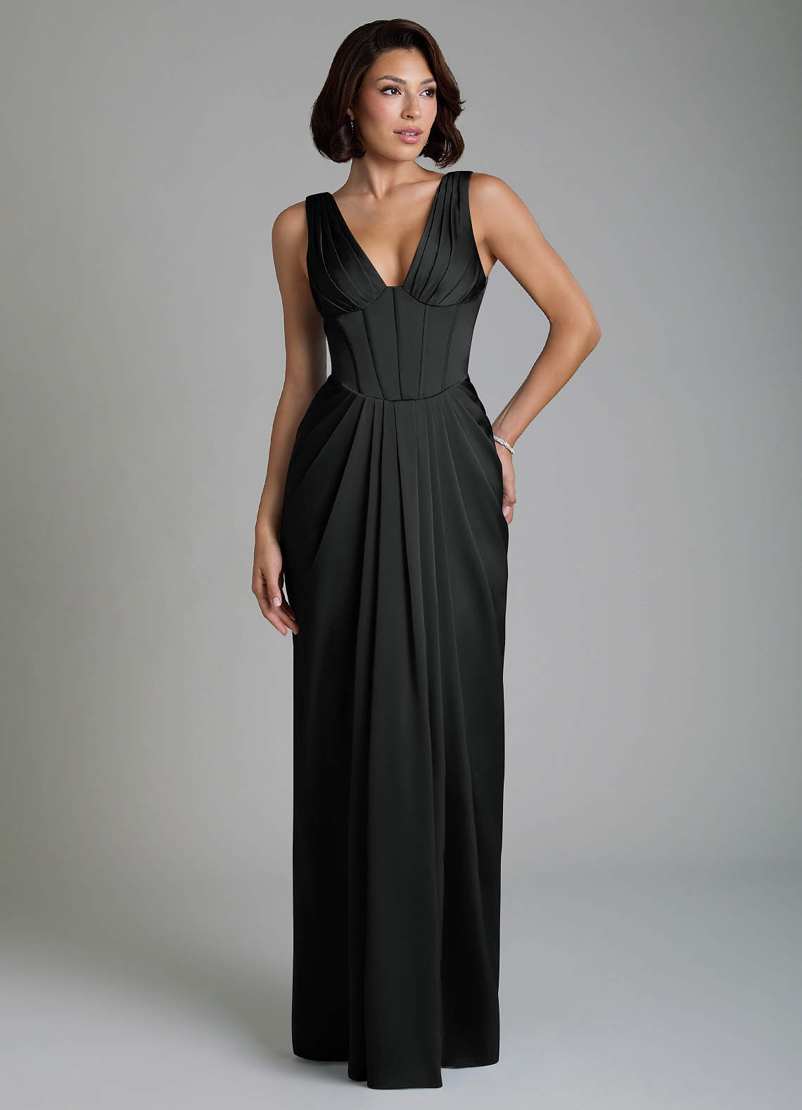 Vanya Sheath V-Neck Stretch Satin Bridesmaid Dress in black