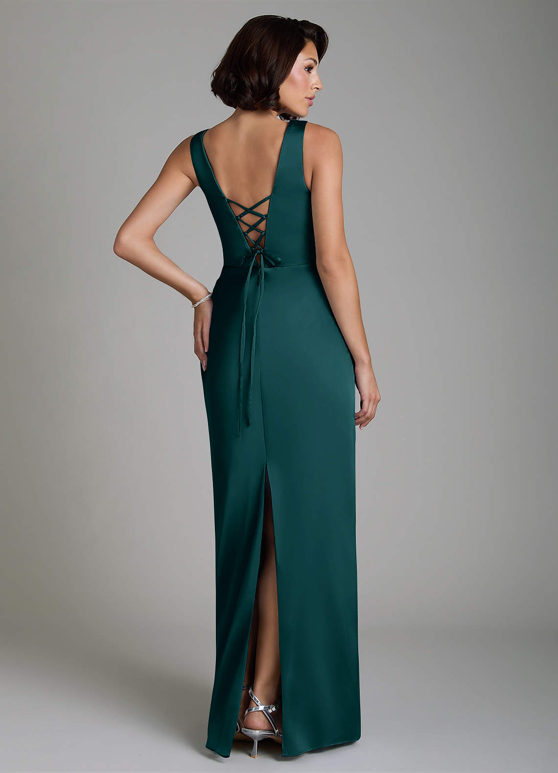 Vanya Sheath V-Neck Stretch Satin Bridesmaid Dress in Pine