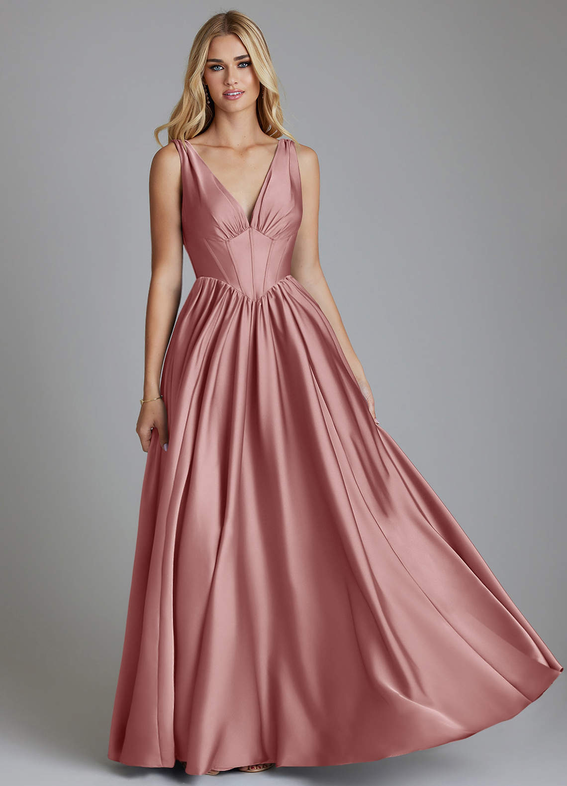 Delmie A-Line V-Neck Stretch Satin Bridesmaid Dress in dusty rose