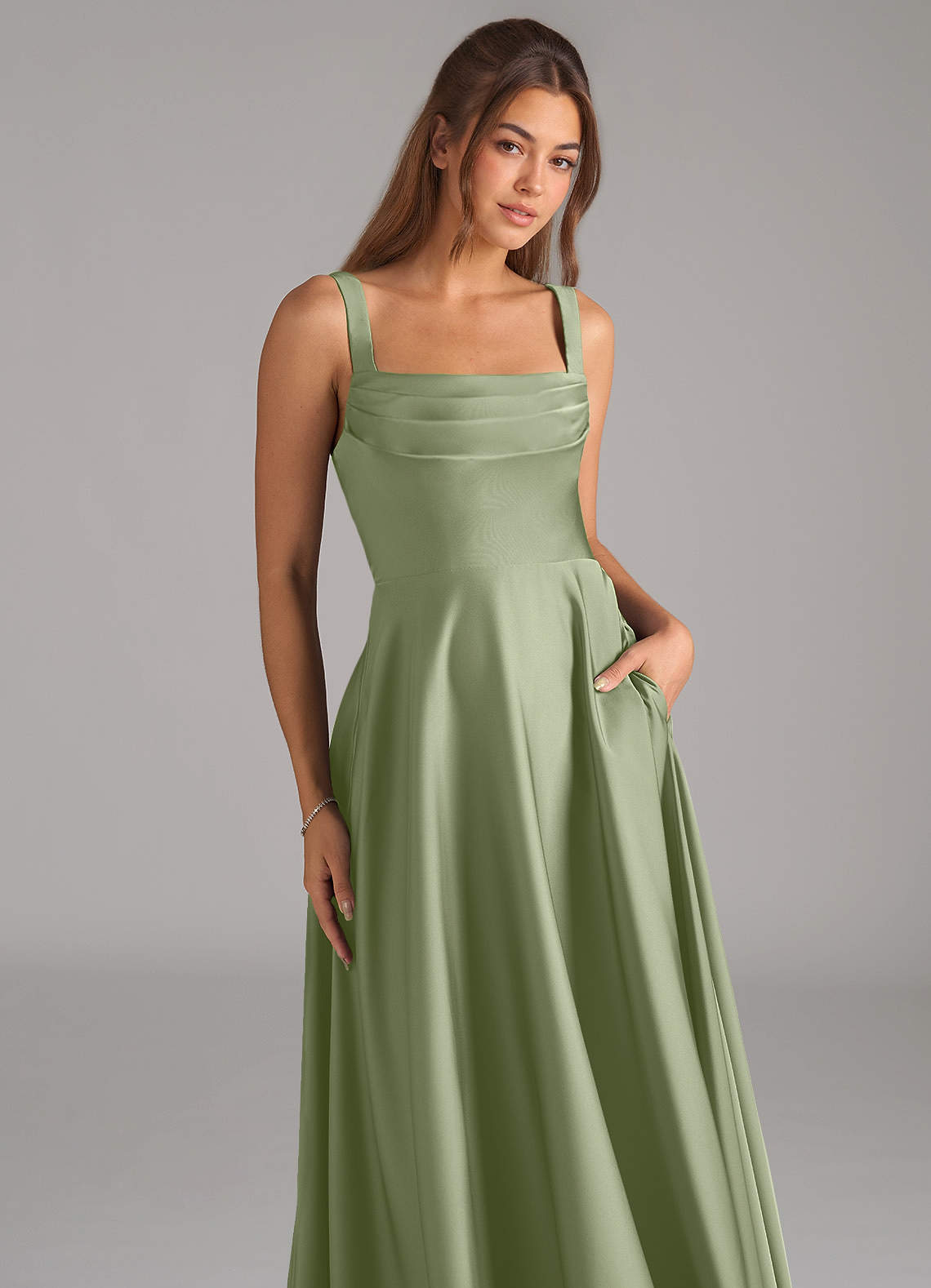 Shaude A-Line Square-Neck Stretch Satin Bridesmaid Dress in Pistachio