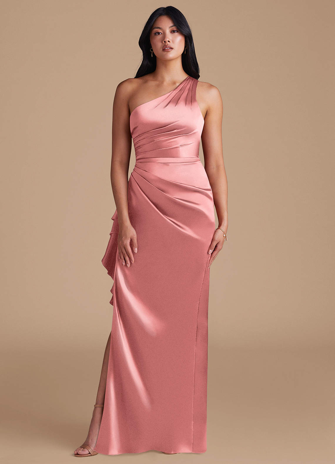 Latrice Sheath One-Shoulder Metallic Satin Bridesmaid Dress in Rosette