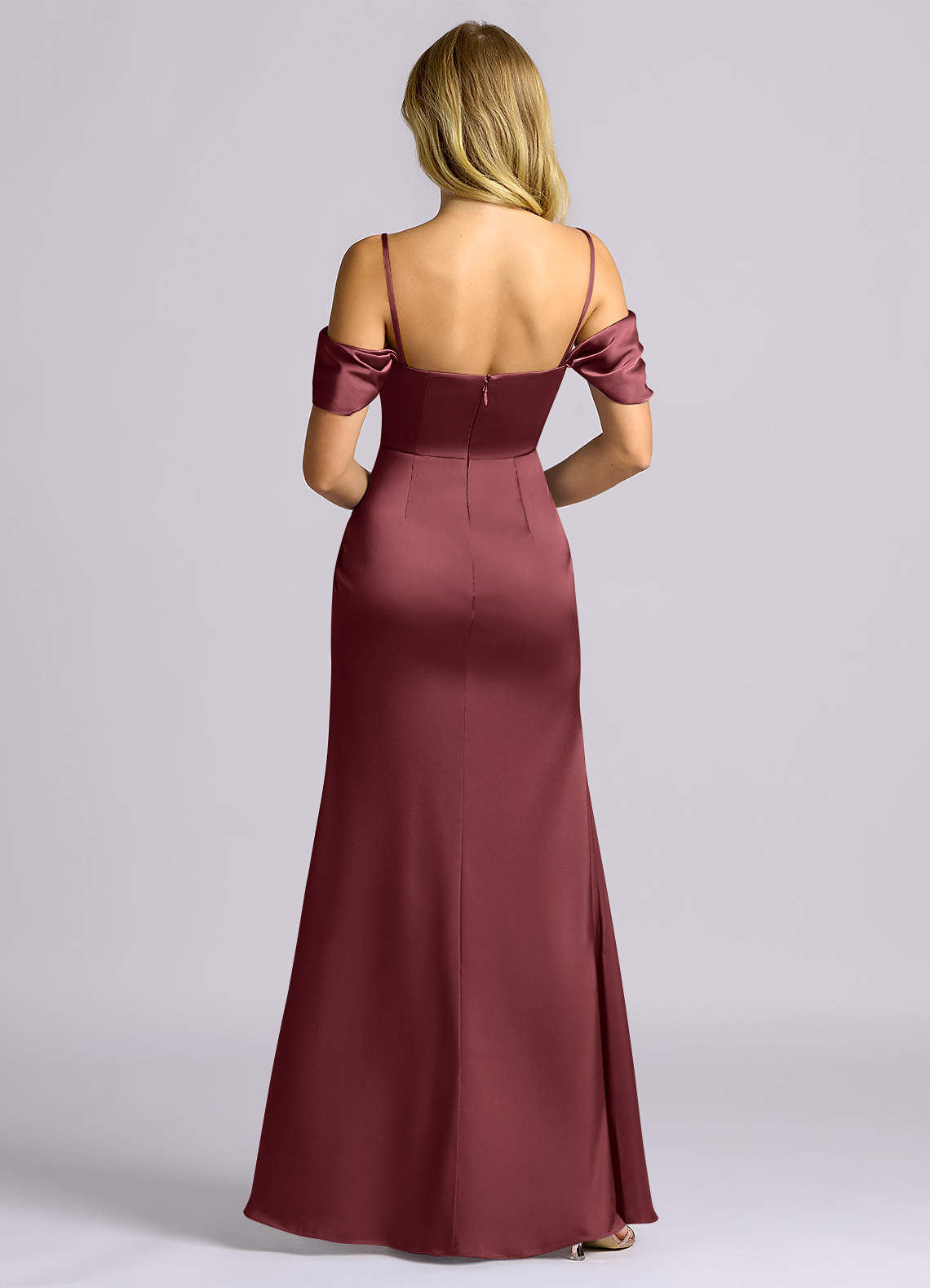Auden Sheath Off-the-Shoulder Stretch Satin Bridesmaid Dress in Merlot