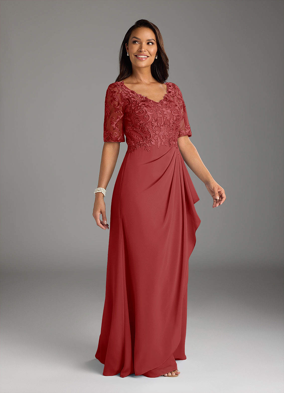 Amedeus A-Line V-Neck Chiffon and Lace Mother of the Bride Dress in Rust