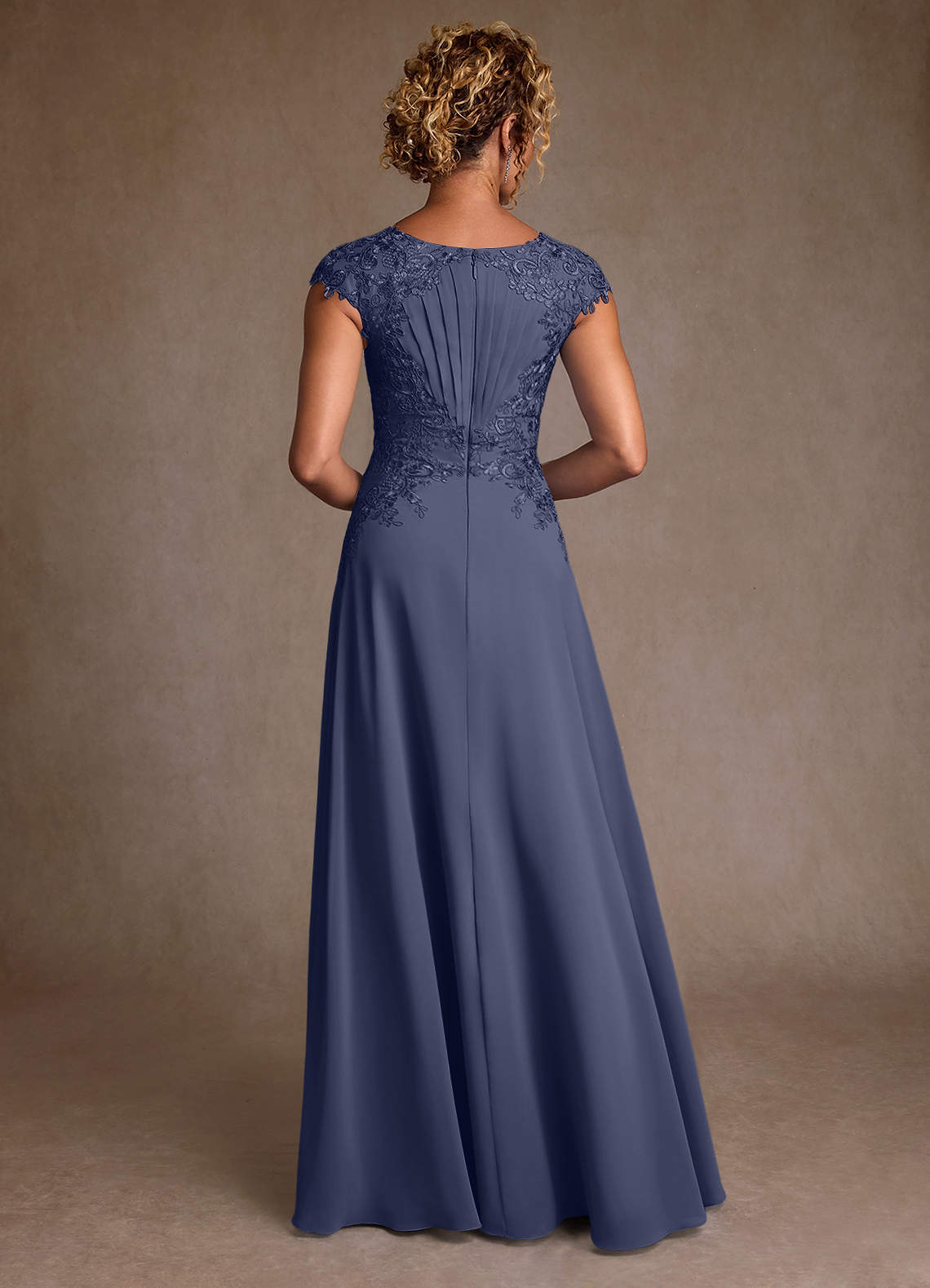 Christi A-Line Scoop-Neck Chiffon and Lace Mother of the Bride Dress in Stormy