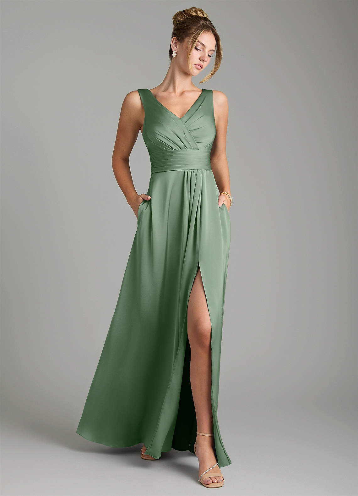 Karina A-Line V-Neck Stretch Satin Bridesmaid Dress in Matcha