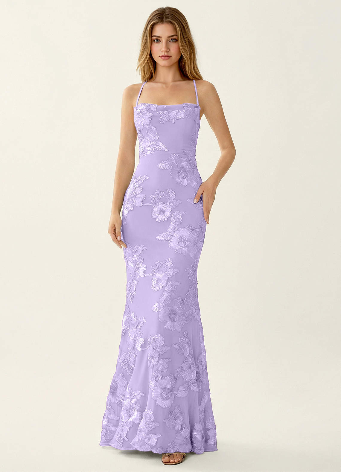 Kailani Mermaid Spaghetti-Strap Lace Evening Dress in Pale Purple