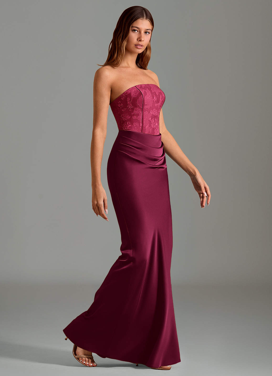 Emilia Mermaid Strapless Stretch Satin and Floral Burnout Bridesmaid Dress in Burgundy