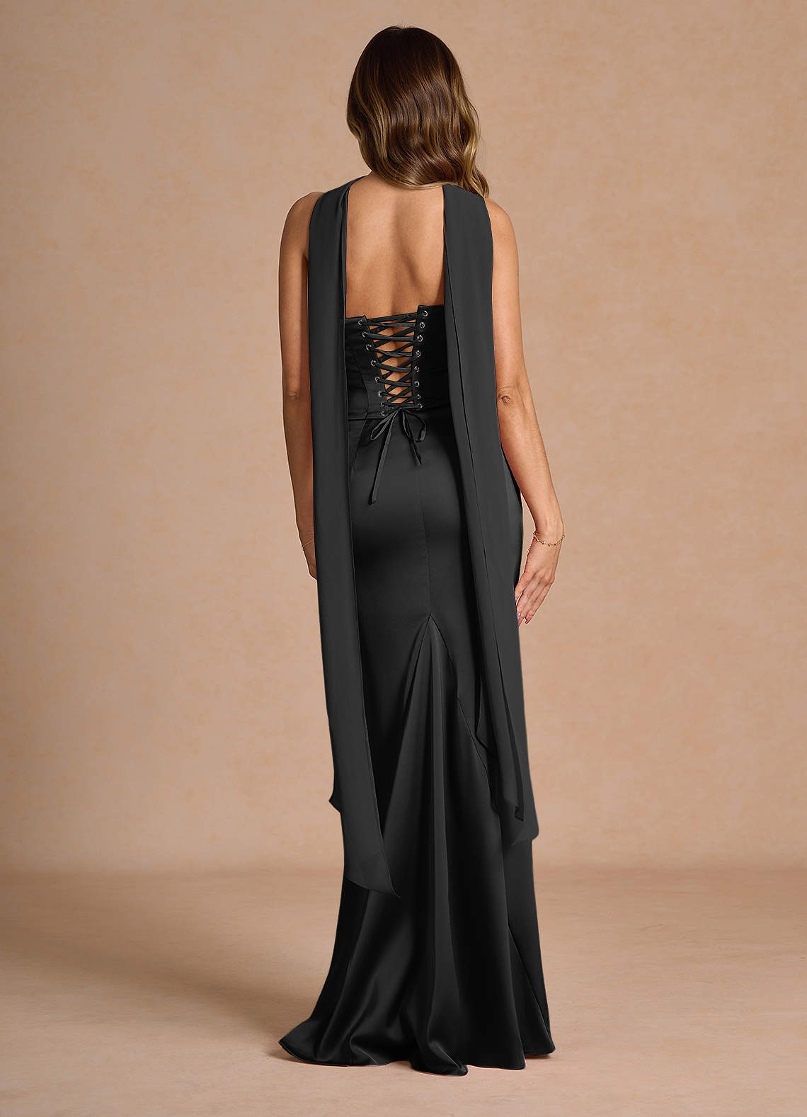 Sorrel Mermaid Corset Stretch Satin Evening Set in black