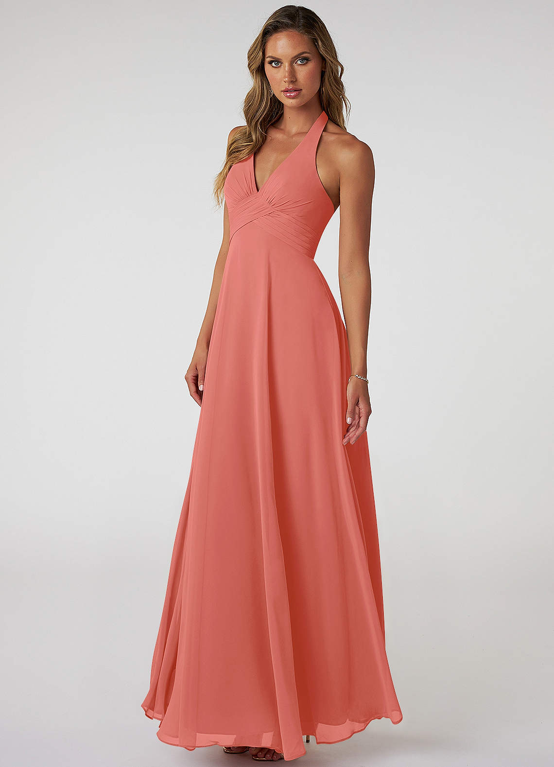 Tessie A-Line V-Neck Chiffon Bridesmaid Dress in Salmon Pink