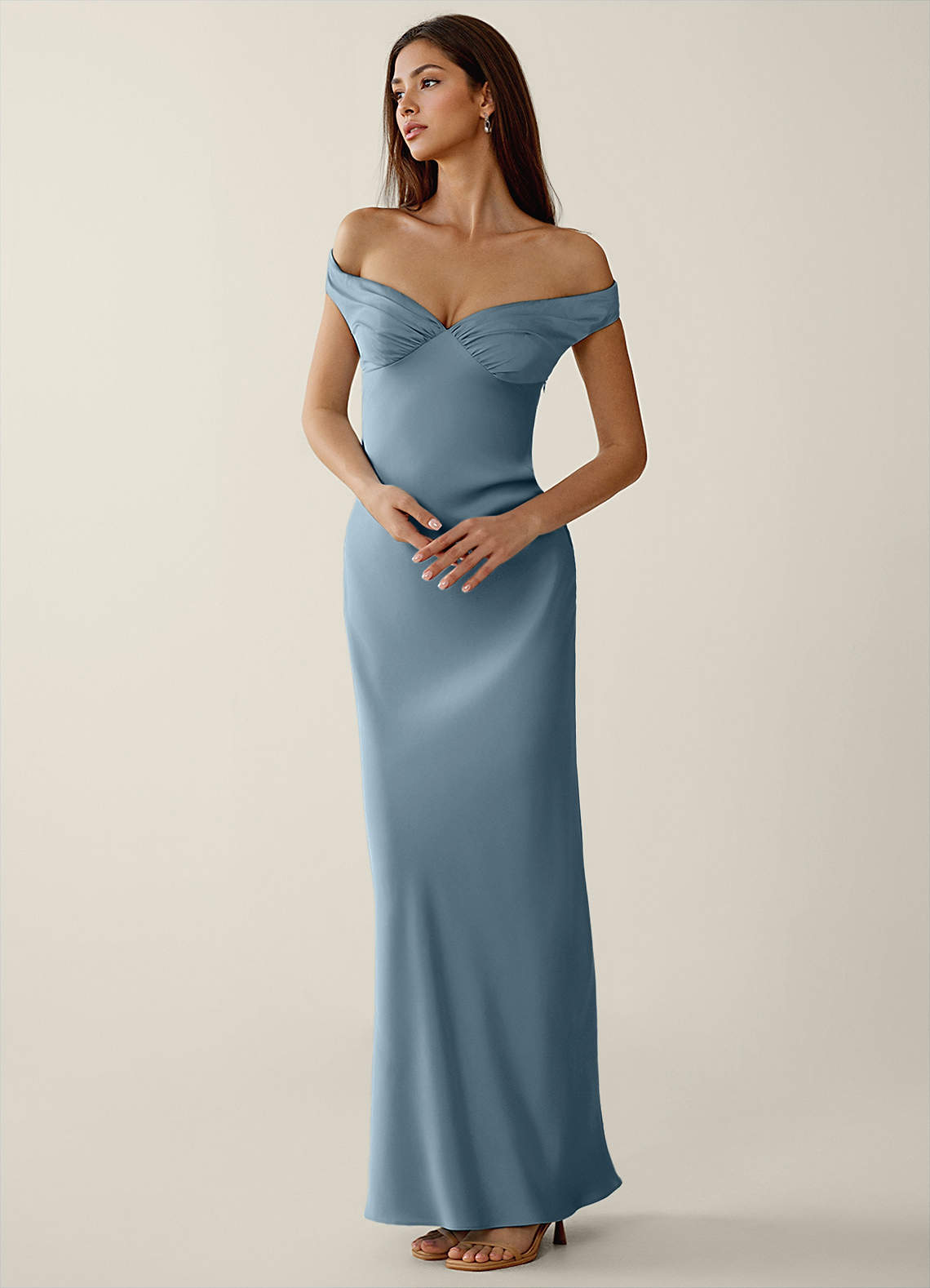 Gwendonme Sheath Off-the-Shoulder Satin Crystal Linen Evening Dress in Pistachio