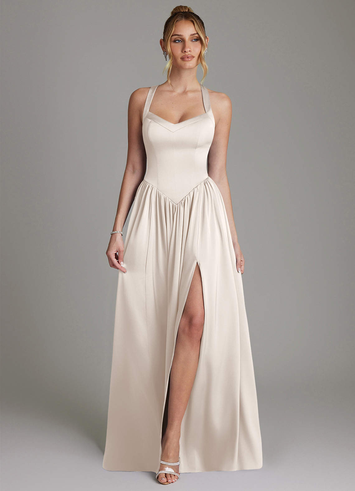Francis A-Line V-Neck Stretch Satin Bridesmaid Dress in White Alabaster