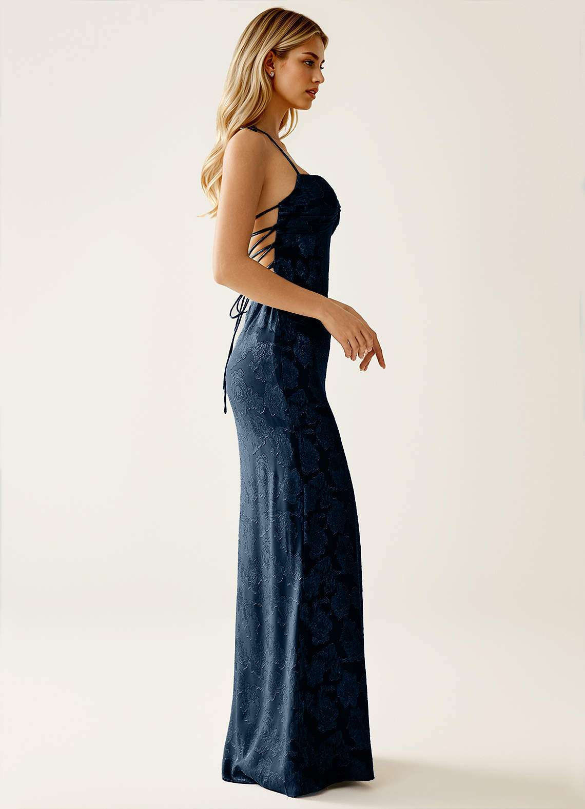 Angena Sheath Halter Floral Burnout Evening Dress in Navy