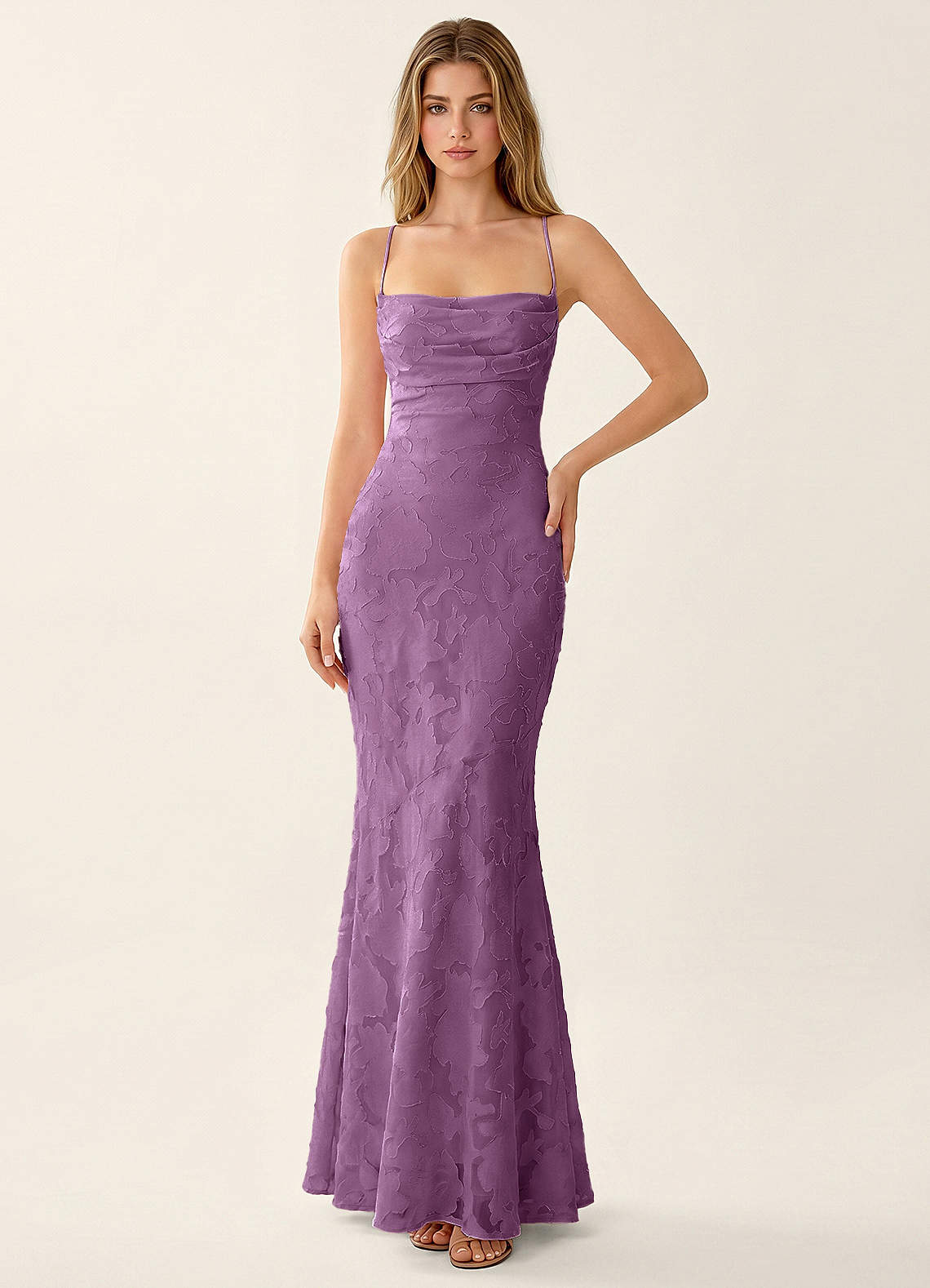 Natasha Mermaid Spaghetti-Strap Floral Burnout Evening Dress in Wisteria