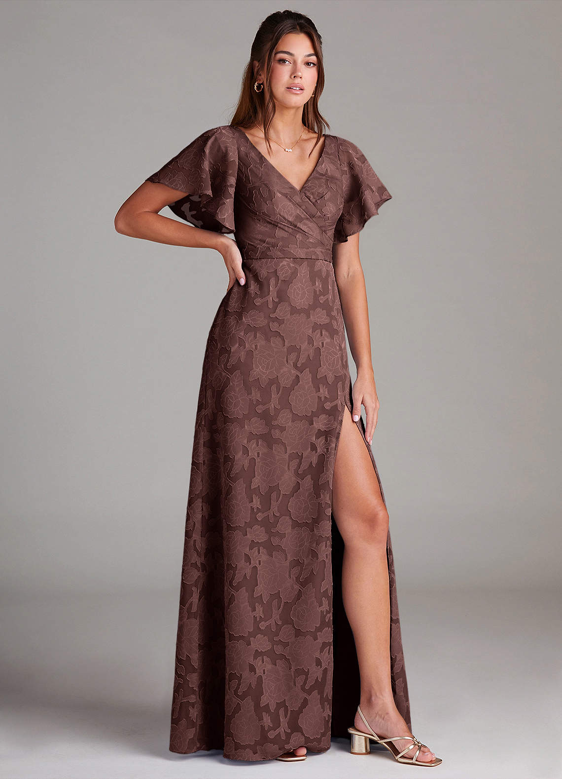Ambrosia A-Line V-Neck Floral Burnout Bridesmaid Dress in Espresso