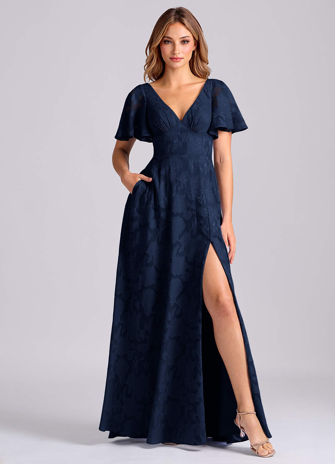 Kimber A-Line V-Neck Floral Burnout Bridesmaid Dress in Dark Navy