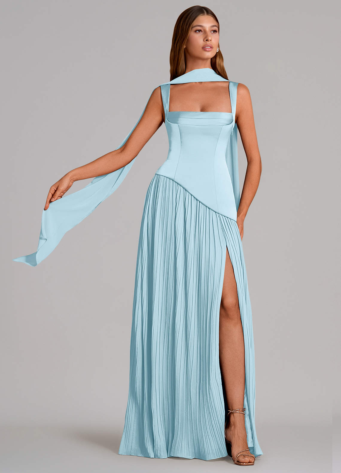 Stephanie A-Line Square-Neck Stretch Satin and Chiffon Bridesmaid Dress in Sky Blue