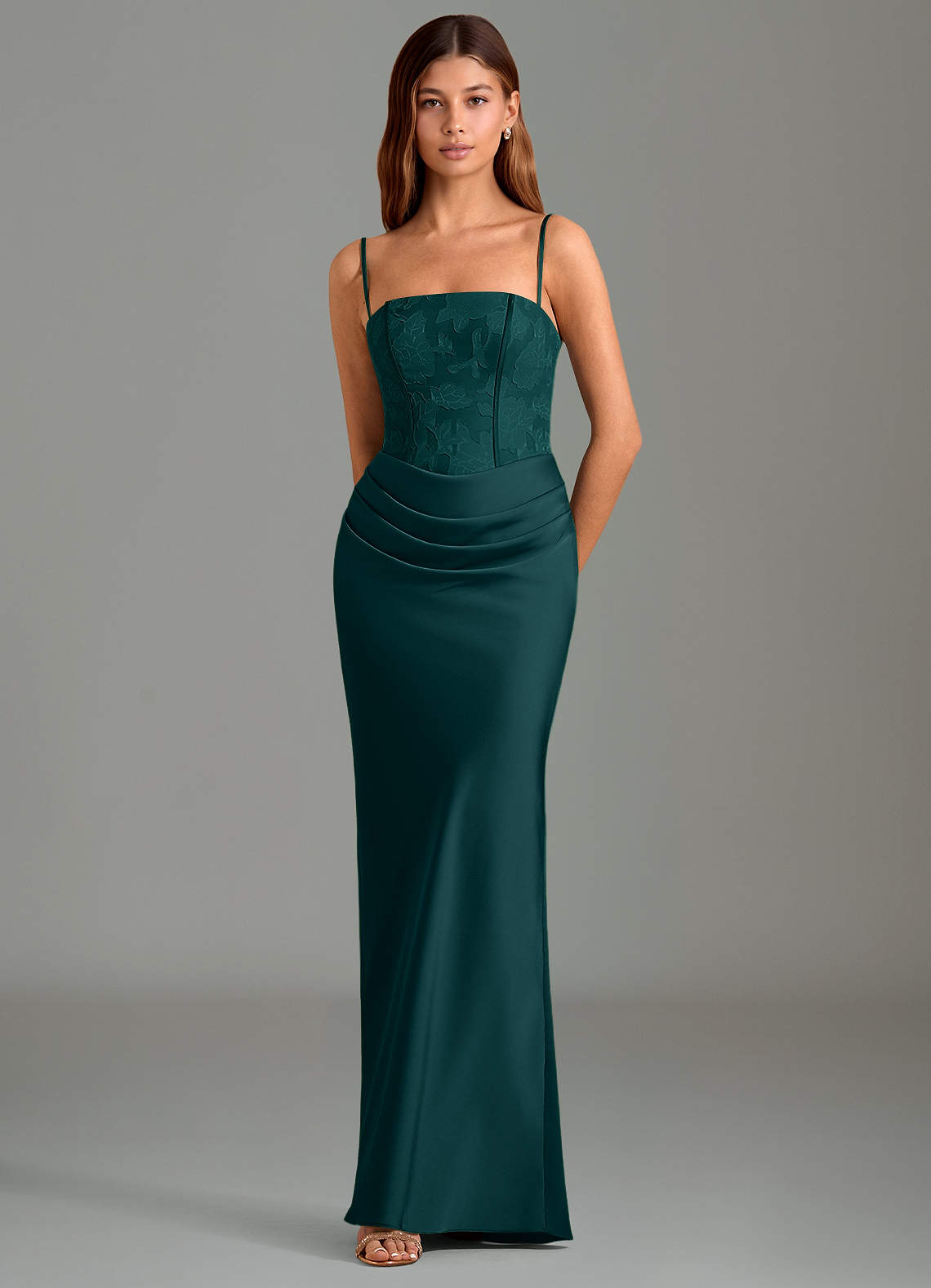Emilia Mermaid Strapless Stretch Satin and Floral Burnout Bridesmaid Dress in Pine