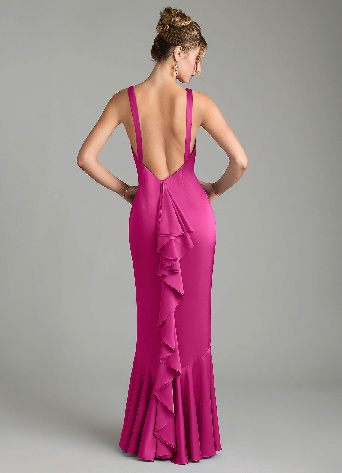 Tamera Mermaid Boat-Neck Stretch Satin and Chiffon Bridesmaid Dress in Fuchsia