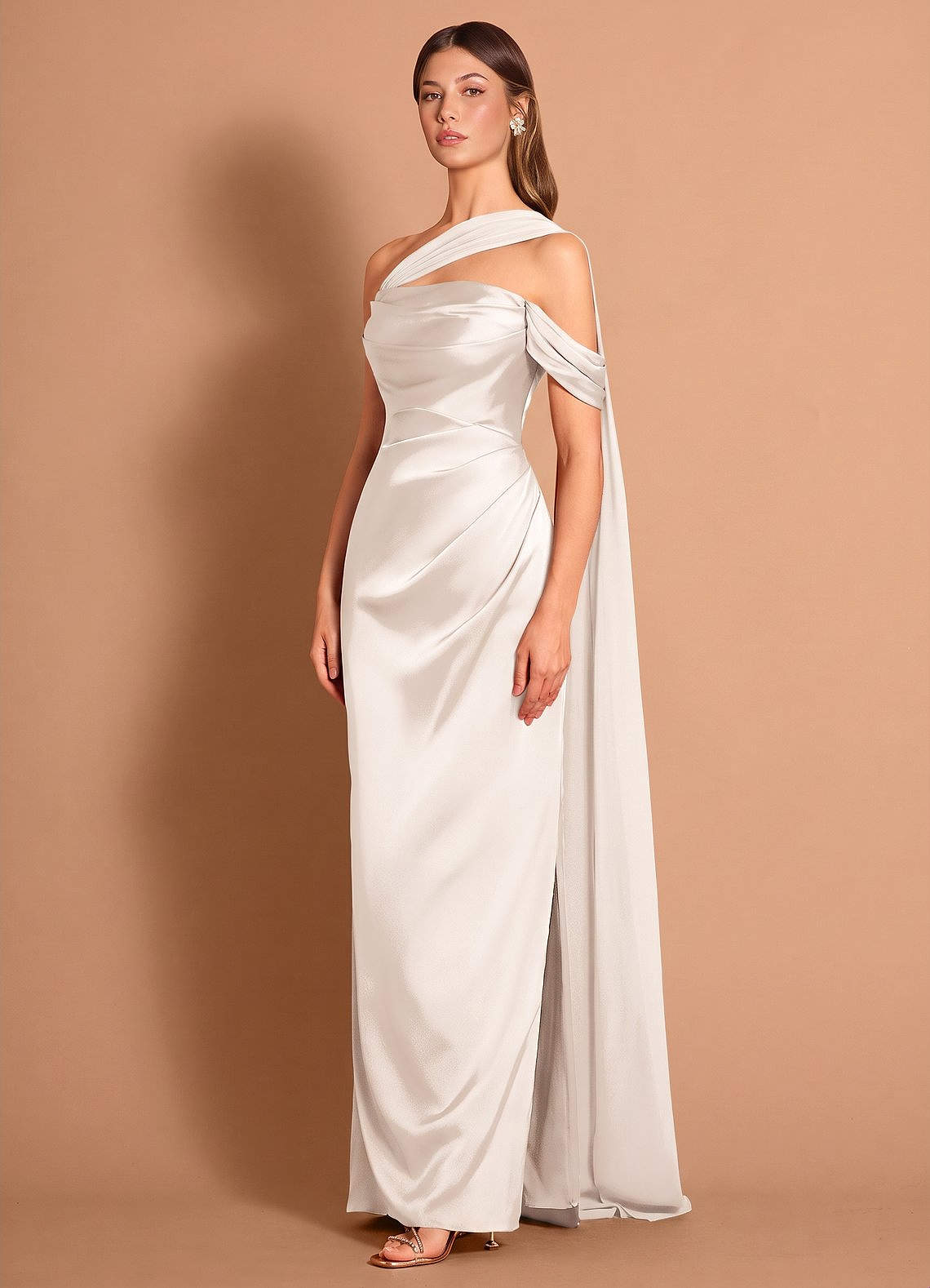 Meliora Asymmetric Strapless Chiffon-Drape Stretch Satin Evening Dress in Cream