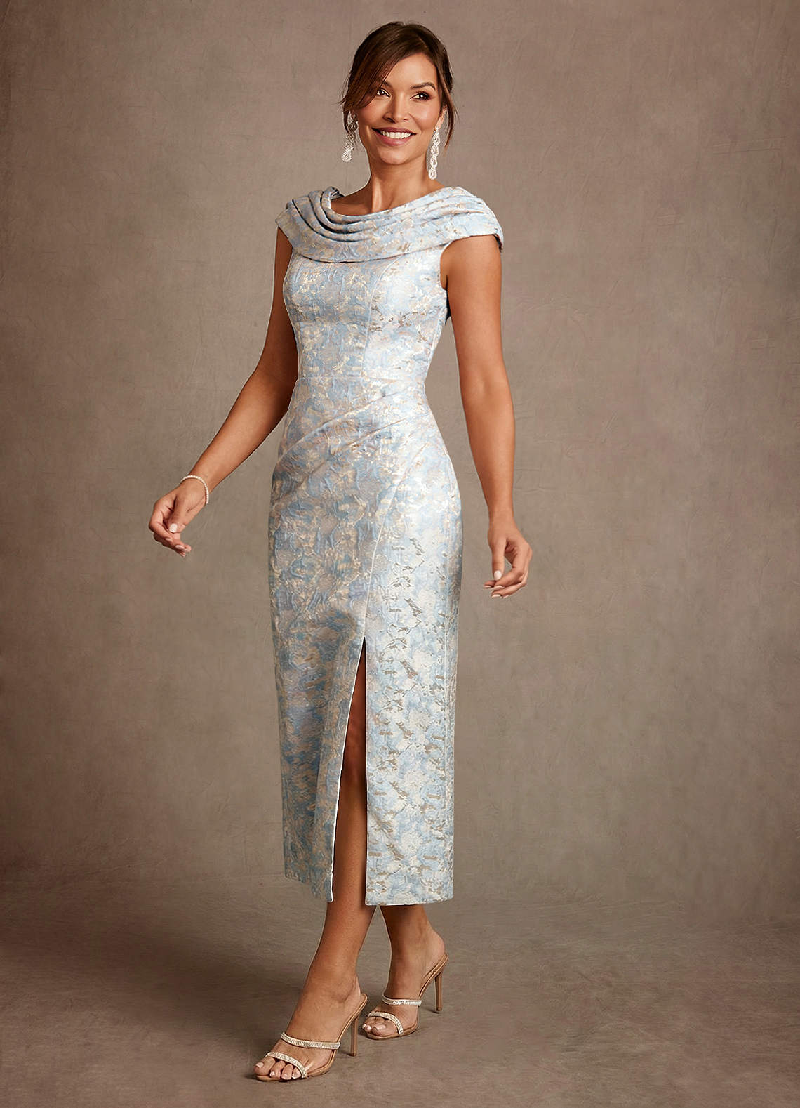 Alpine A-Line Scoop-Neck Jacquard Mother of the Bride Dress in dusty blue