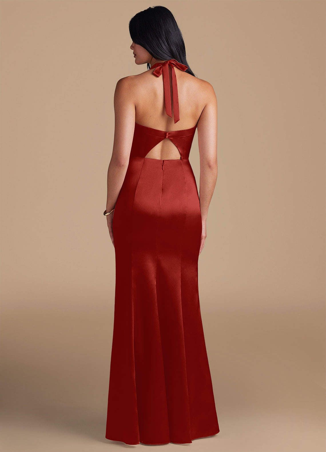 Emeria Sheath Halter Metallic Satin Bridesmaid Dress in Rust