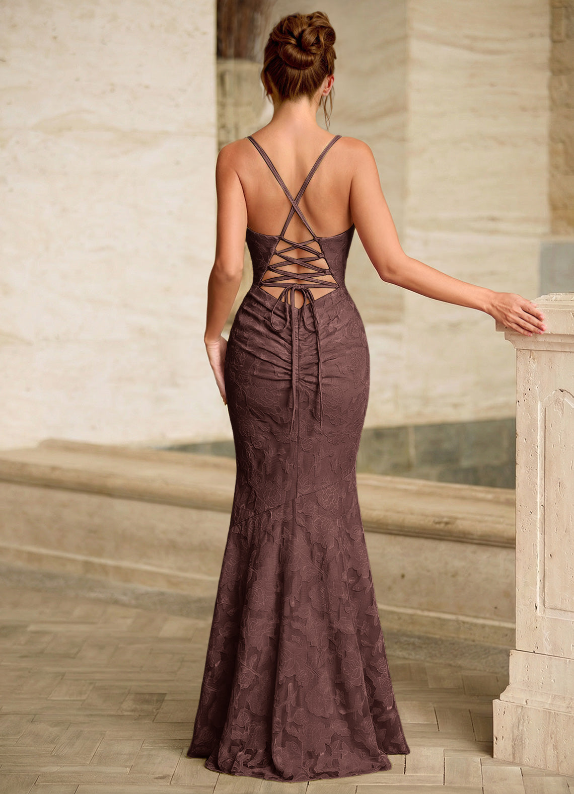 Leahenmo Mermaid Cowl-Neck Floral Burnout Prom Dress in Mocha Coco - photo 2