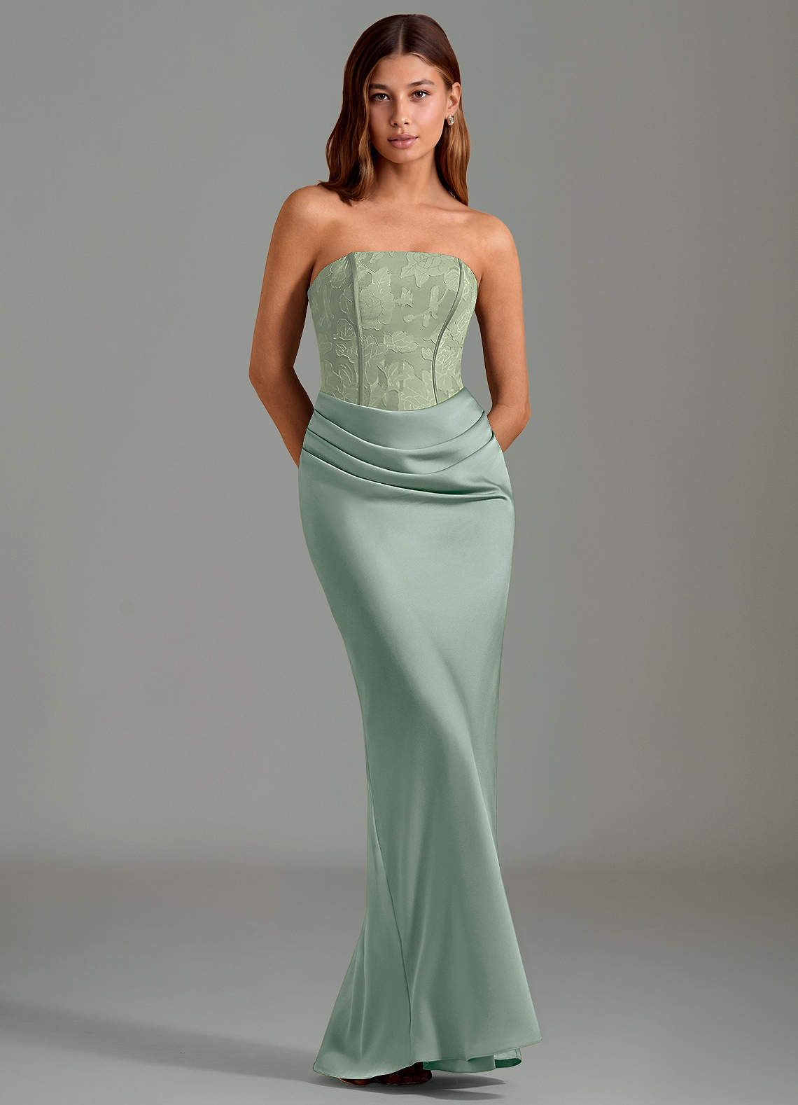 Emilia Mermaid Strapless Stretch Satin and Floral Burnout Bridesmaid Dress in Agave