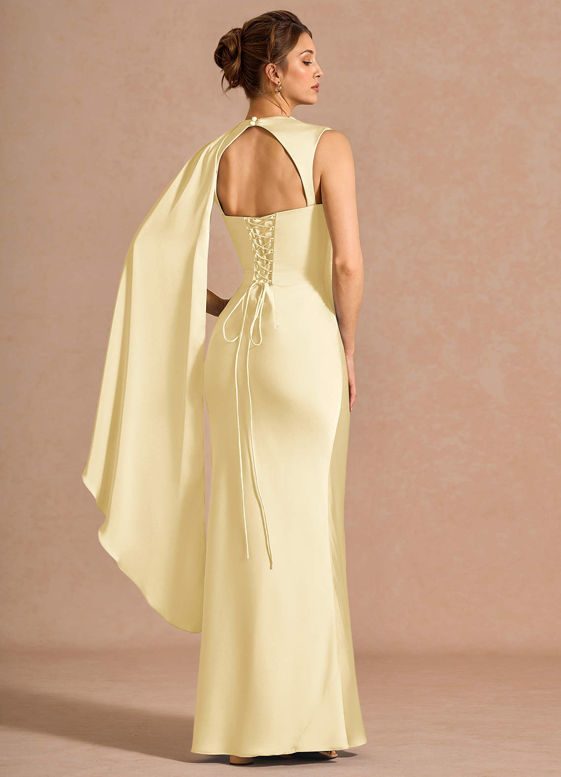Chesney Cape-Sleeve Pleated Stretch Satin Wedding Guest Dress in Butter Yellow