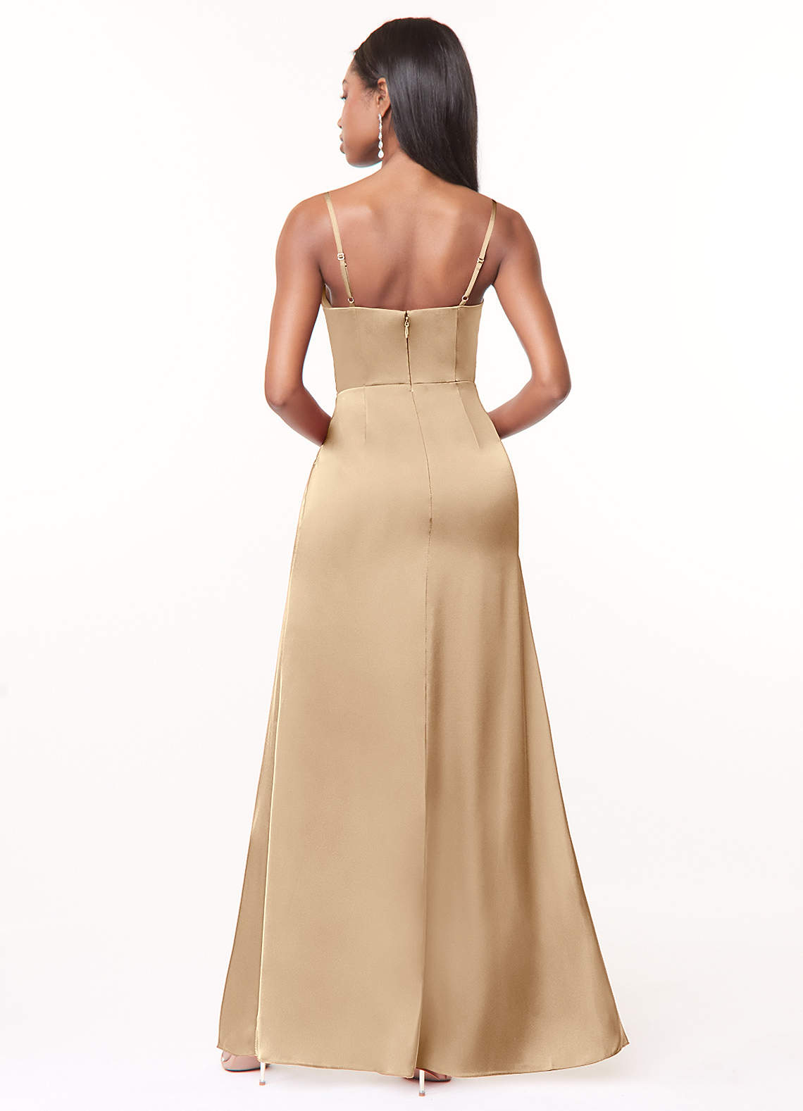 Maci A-Line V-Neck Stretch Satin Bridesmaid Dress in Champagne