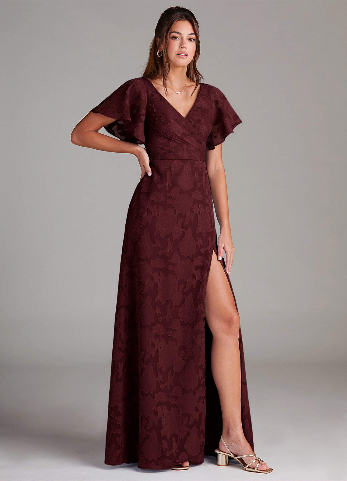 Ambrosia A-Line V-Neck Floral Burnout Bridesmaid Dress in Cabernet