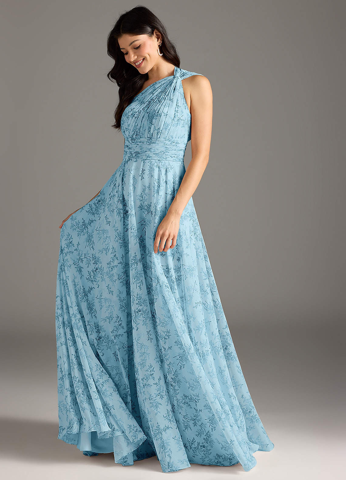 Charlize A-Line One-Shoulder Chiffon Bridesmaid Dress in Blue Fern Floral