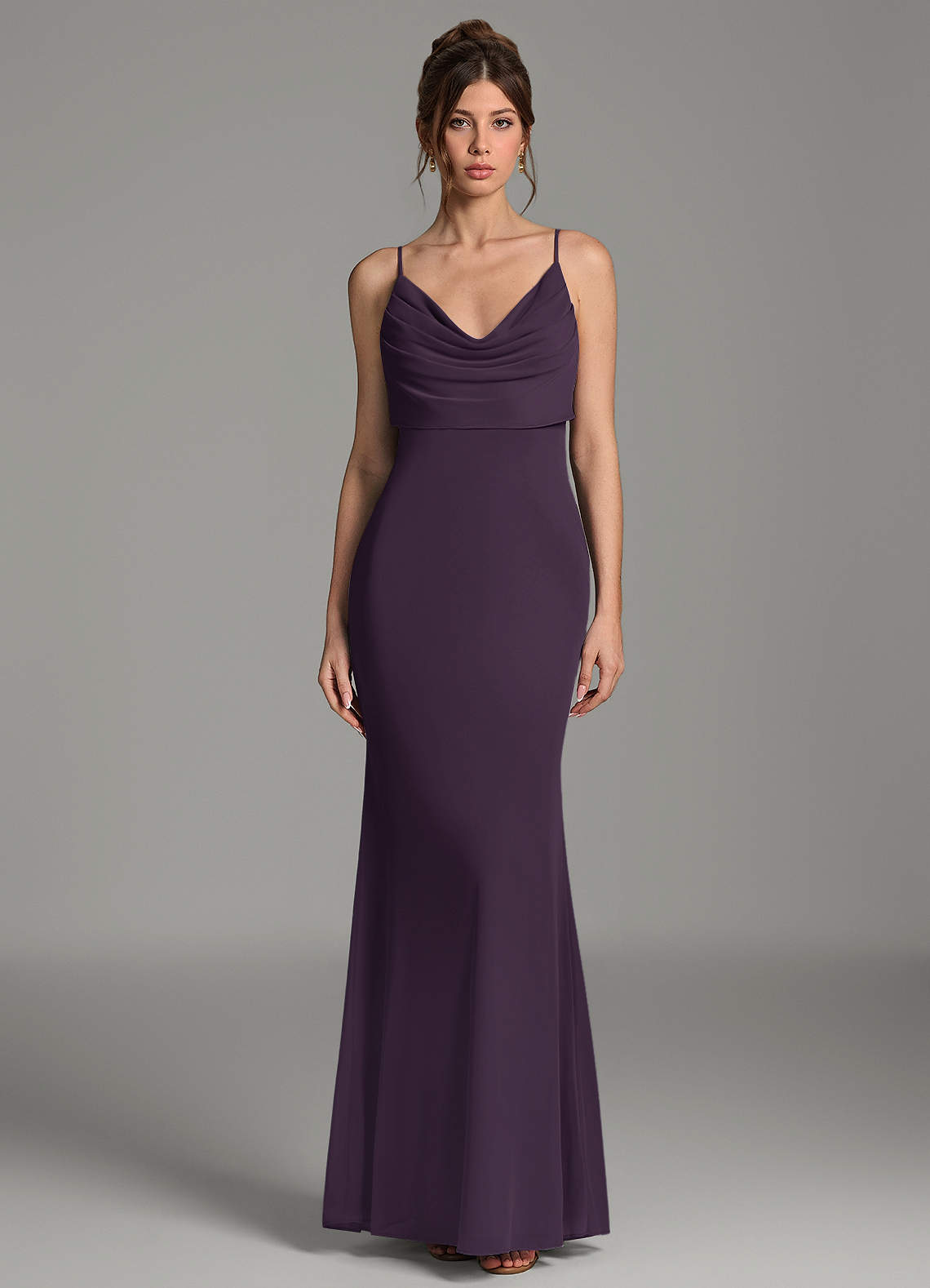 Zari Mermaid Cowl-Neck Mesh Bridesmaid Dress in Plum