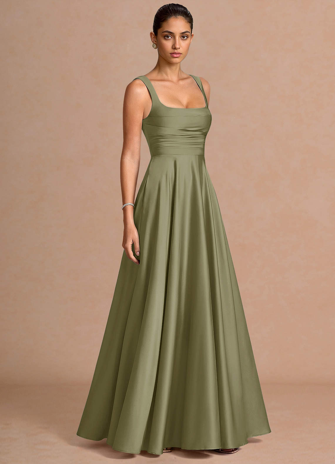 Azaria A-Line Square-Neck Stretch Satin Wedding Guest Dress in Pistachio