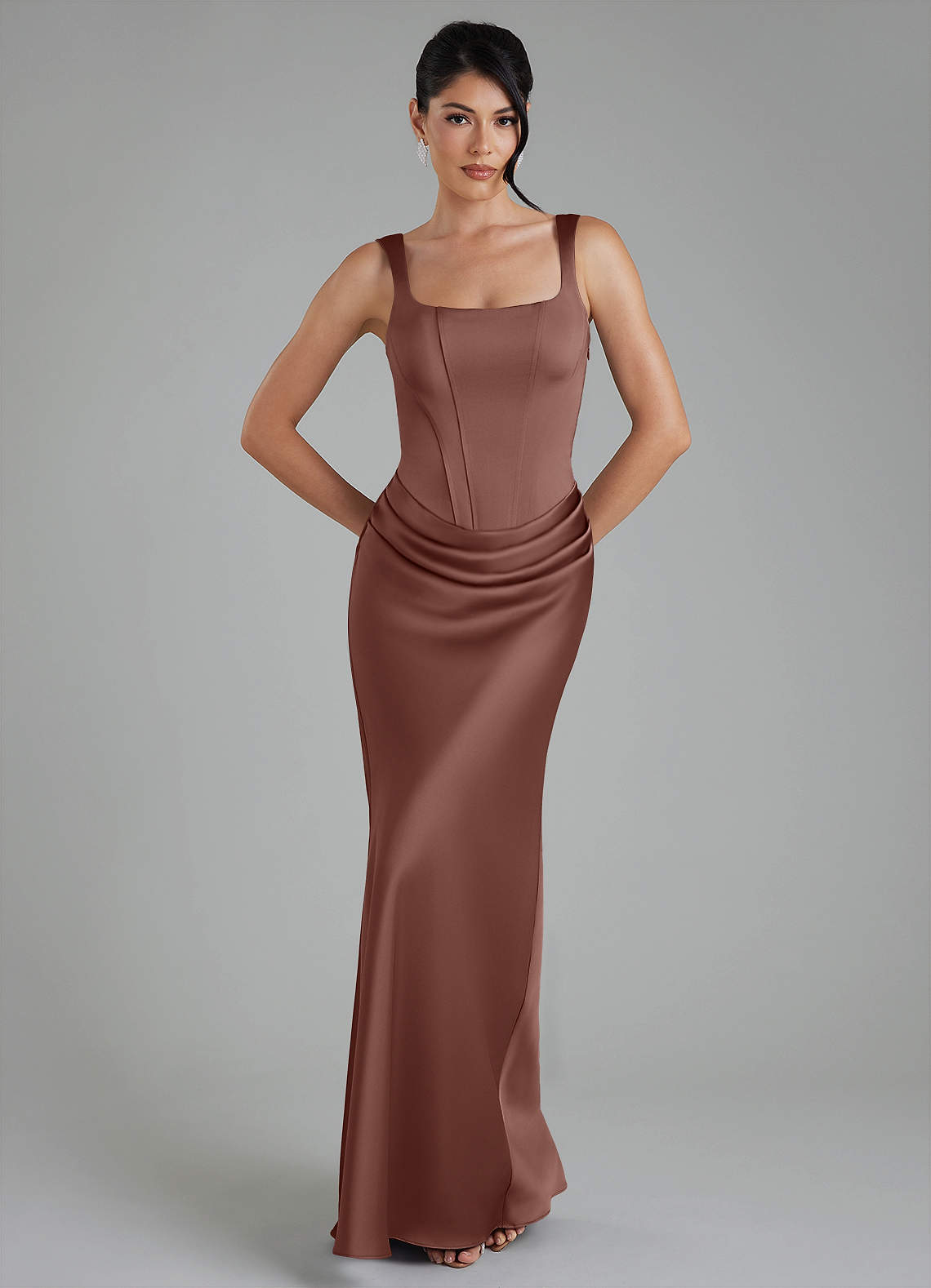 Etta Mermaid Square-Neck Stretch Satin Bridesmaid Dress in Espresso