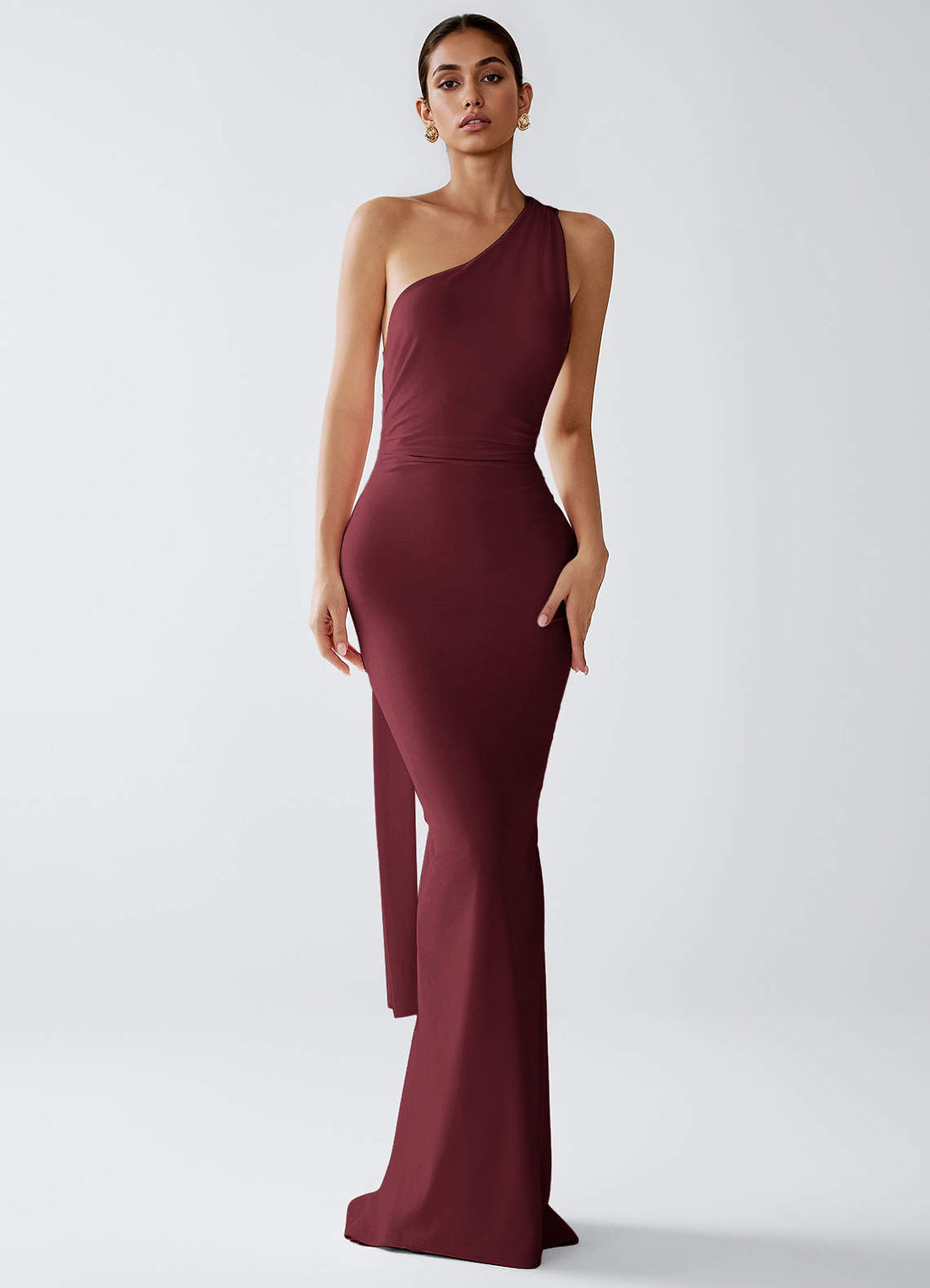 Lydia Mermaid One-Shoulder Matte Knit Evening Dress in Cabernet