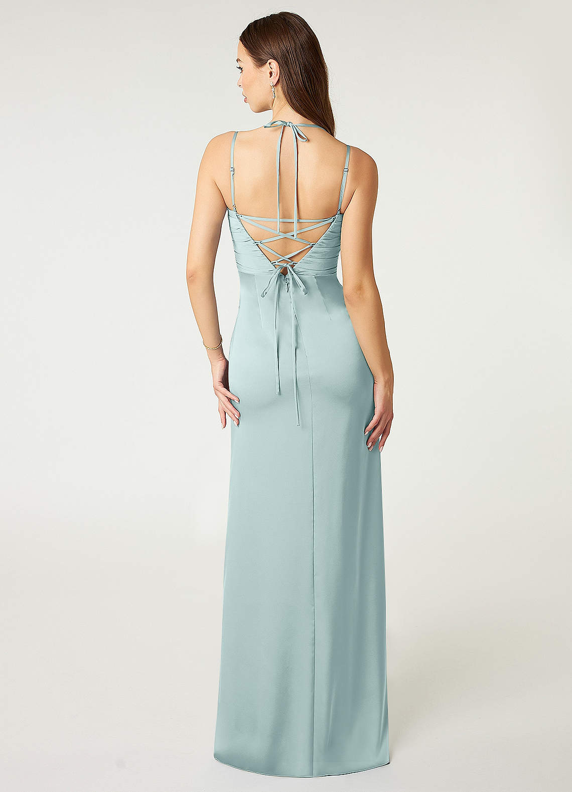 Desi Sheath Halter Stretch Satin Bridesmaid Dress in Mist